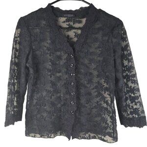 Vintage Express World Brand Black Lace Button Up Sheer Top Whimsygoth Fairy S